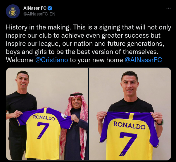 Cristiano Ronaldo new club Al Nassr announces him with a Twitter post holding the club's jersey