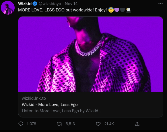 Wizkid shares link to More Love, Less Ego on Twitter